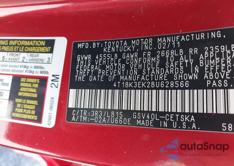 2011 Toyota Camry Se V6 из США, поврежденный, VIN 4T1BK3EK2BU628566